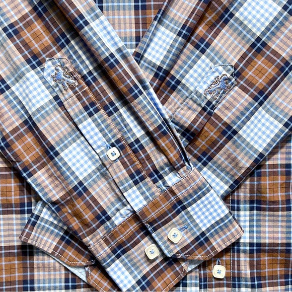 Bugatchi Mens Plaid Blue Brown Logo Embroidered Long Sleeve Buttondown Shirt - Picture 3 of 9